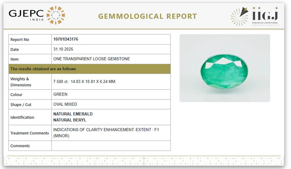 Natural Emerald | Govt. Lab Certified | OvalCut Report No- 10701D43176