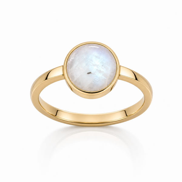 Natural Moonstone ring with round cabochon in gold finish bezel setting – Tushar Gems