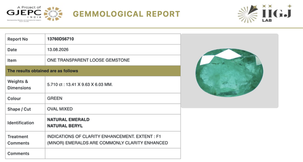 IIGJ certificate 13760D56710 for natural Emerald from Tushar Gems