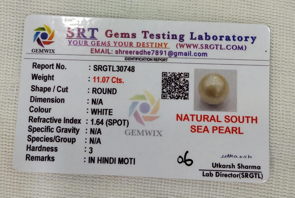 SRT Gems Testing Laboratory certificate SRGTL30748 for Natural South Sea Pearl from Tushar Gems
