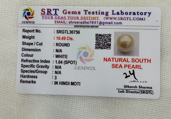 SRT Gems Testing Laboratory certificate SRGTL30756 for Natural South Sea Pearl from Tushar Gems