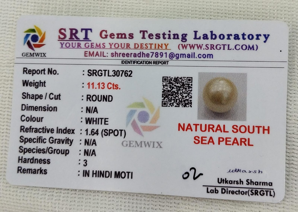 SRT Gems Testing Laboratory certificate SRGTL30762 for Natural South Sea Pearl from Tushar Gems