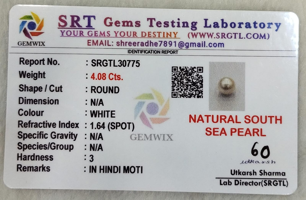 SRT Gems Testing Laboratory certificate SRGTL30775 for Natural South Sea Pearl from Tushar Gems
