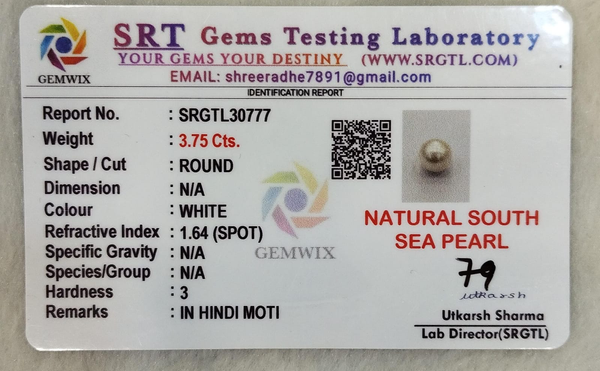 SRT Gems Testing Laboratory certificate SRGTL30777 for Natural South Sea Pearl from Tushar Gems