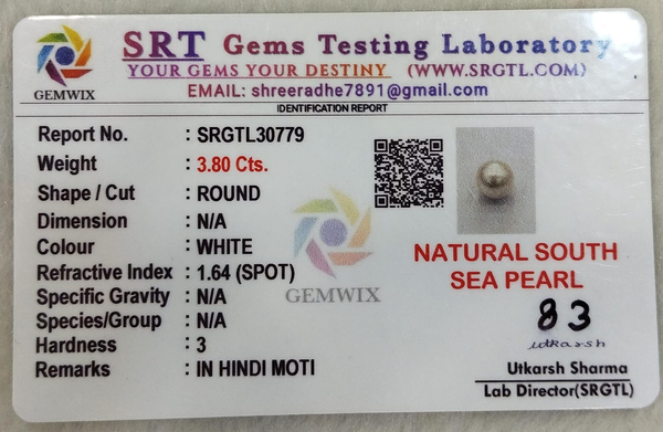 SRT Gems Testing Laboratory certificate SRGTL30779 for Natural South Sea Pearl from Tushar Gems