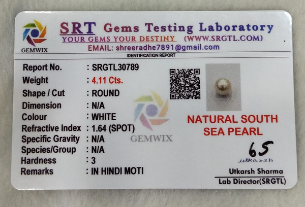 SRT Gems Testing Laboratory certificate SRGTL30789 for Natural South Sea Pearl from Tushar Gems