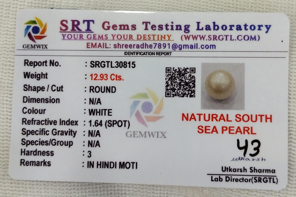 SRT Gems Testing Laboratory certificate SRGTL30815 for Natural South Sea Pearl from Tushar Gems
