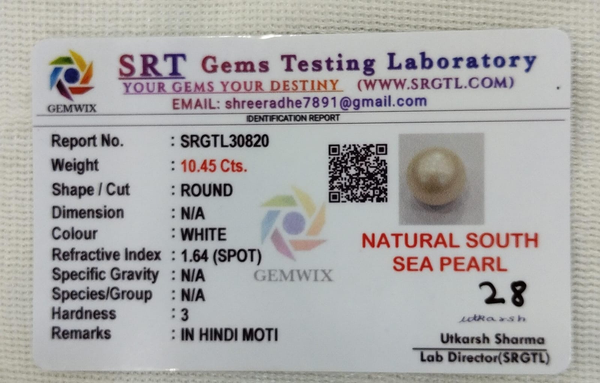 SRT Gems Testing Laboratory certificate SRGTL30820 for Natural South Sea Pearl from Tushar Gems
