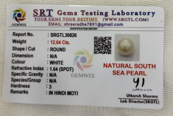 SRT Gems Testing Laboratory certificate SRGTL30826 for Natural South Sea Pearl from Tushar Gems