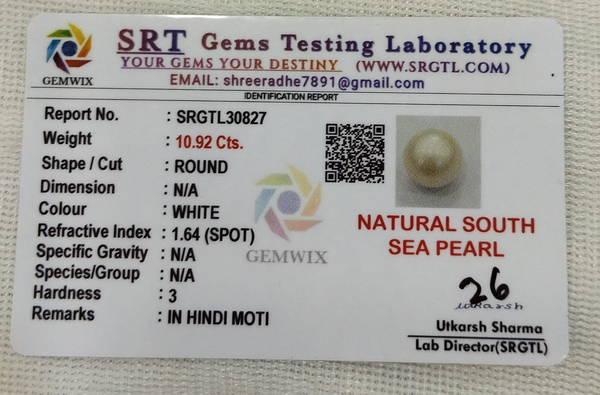 SRT Gems Testing Laboratory certificate SRGTL30827 for Natural South Sea Pearl from Tushar Gems