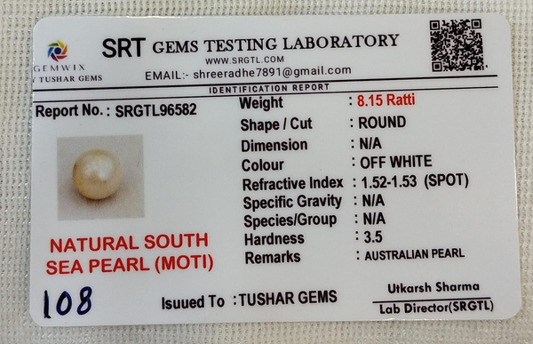 SRT Gems Testing Laboratory certificate SRGTL96582 for Natural South Sea Pearl from Tushar Gems