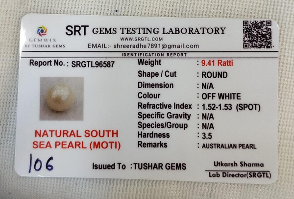 SRT Gems Testing Laboratory certificate SRGTL96587 for Natural South Sea Pearl from Tushar Gems