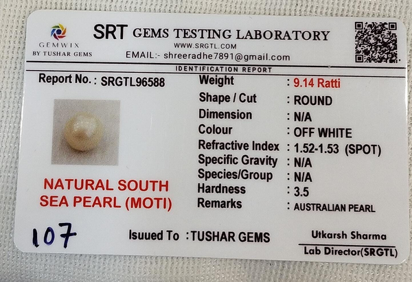 SRT Gems Testing Laboratory certificate SRGTL96588 for Natural South Sea Pearl from Tushar Gems
