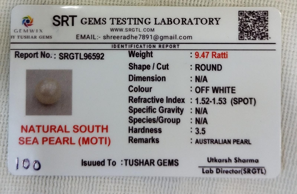 SRT Gems Testing Laboratory certificate SRGTL96592 for Natural South Sea Pearl from Tushar Gems