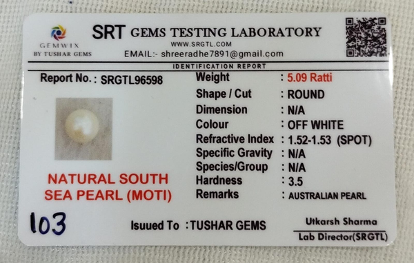 SRT Gems Testing Laboratory certificate SRGTL96598 for Natural South Sea Pearl from Tushar Gems