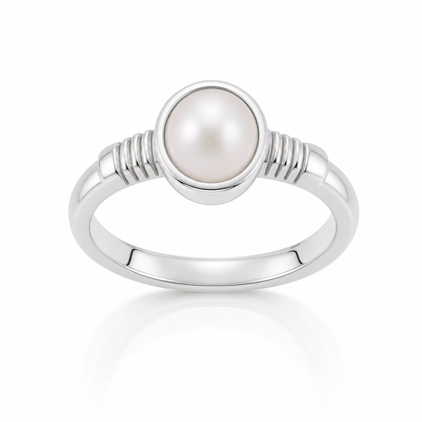 Natural Pearl (Moti) ring in sterling silver with ribbed shoulders – Tushar Gems