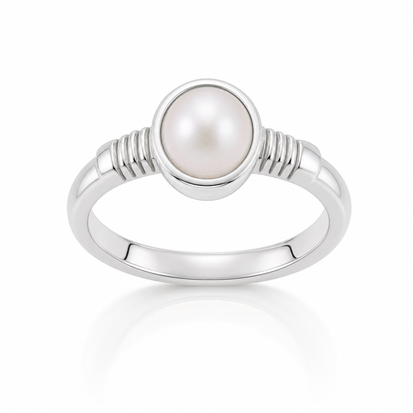 Natural Pearl (Moti) ring in sterling silver with ribbed shoulders – Tushar Gems