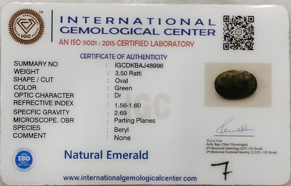 Natural Emerald |22H00| OVAL | Lab Certified No. IGCDKBAJ48996