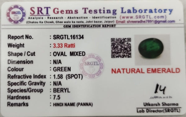 Natural Emerald |18H00| OVAL MIXED | Lab Certified No. SRGTL16134