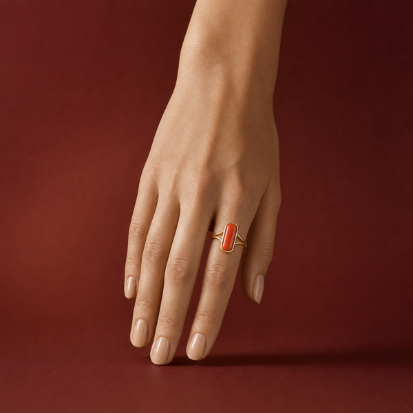 Natural Red Coral (Moonga) capsule ring worn on the ring finger - Tushar Gems
