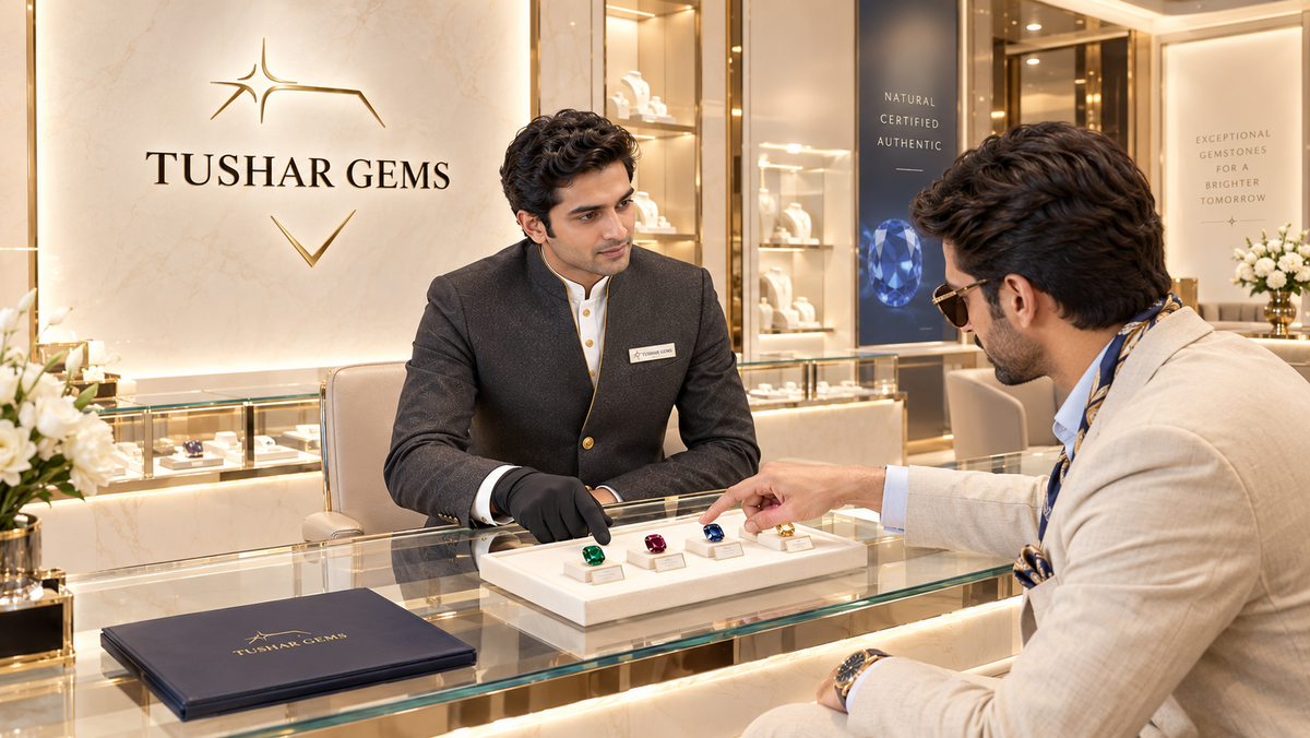 A Tushar Gems specialist presenting certified gemstones to a client during a private consultation