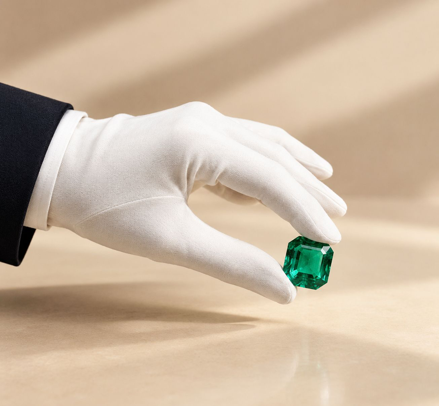A gloved hand holding a natural emerald