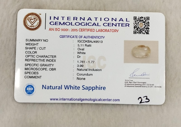 IGC certificate of authenticity IGCDKBAJ49513 - Natural White Sapphire 5.11 Ratti