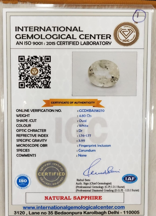 IGC certificate of authenticity IGCDKBAJ58270 - Natural White Sapphire 5.33 Ratti