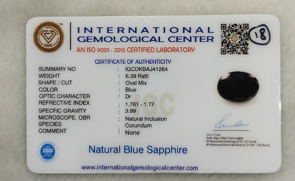 Natural Indian Blue Sapphire |8H00| Oval Mixed Cut | IGC Certified No.: IGCDKBAJ41264