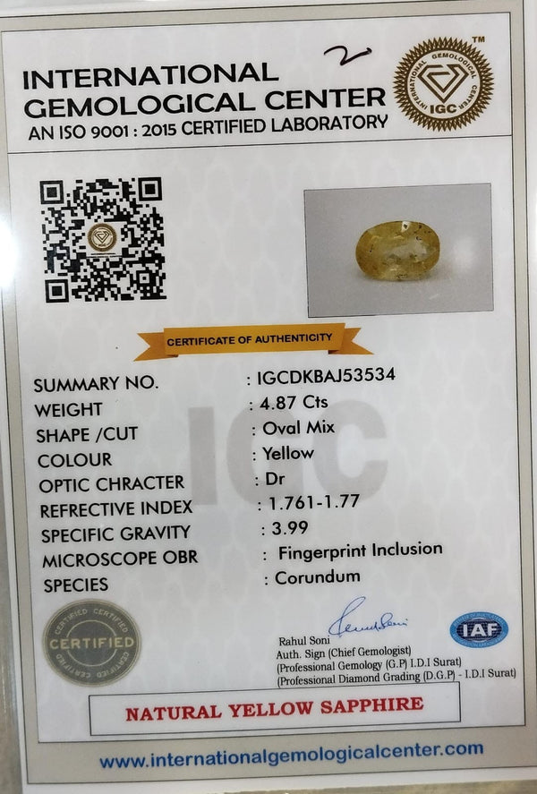 IGC certificate IGCDKBAJ53534 for Natural Yellow Sapphire 5.41 Ratti