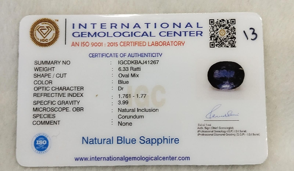 IGC certificate IGCDKBAJ41267 for Natural Blue Sapphire 6.33 Ratti