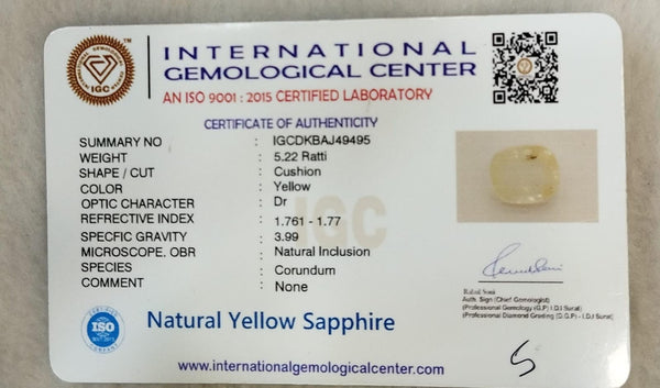 IGC certificate IGCDKBAJ49495 for Natural Yellow Sapphire 5.22 Ratti