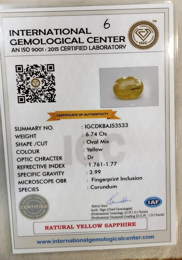 IGC certificate IGCDKBAJ53533 for Natural Yellow Sapphire 7.49 Ratti