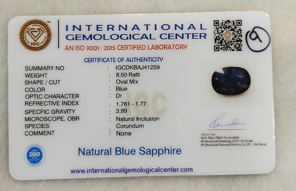 IGC certificate IGCDKBAJ41259 for Natural Blue Sapphire 8.50 Ratti