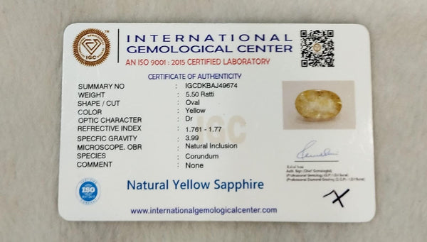 IGC certificate IGCDKBAJ49674 for Natural Yellow Sapphire 5.50 Ratti