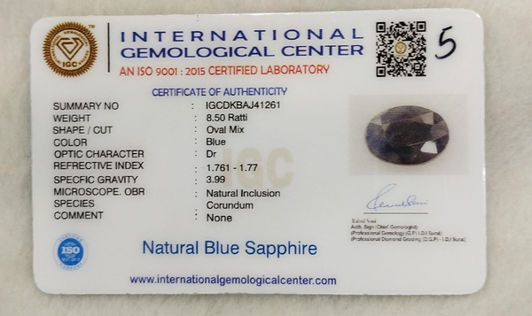 IGC certificate IGCDKBAJ41261 for Natural Blue Sapphire 8.50 Ratti