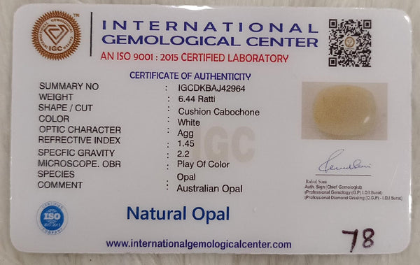 Natural White Opal 6.44 Ratti| Cushion Cabochone | Certified No. IGCDKBAJ42964 image 2
