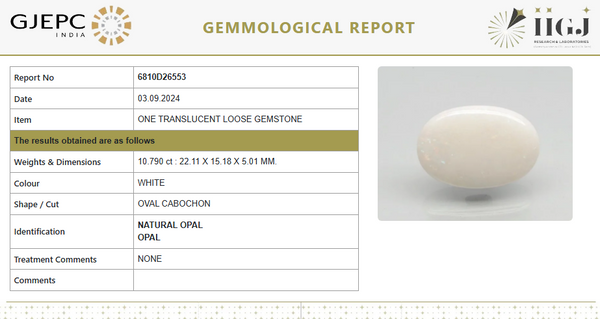 Natural White Opal 11.99 Ratti | Untreated | Oval Cabochon | Govt. Lab Certified image 1