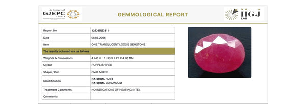 Natural Purplish Red Ruby |8H50| Certified | Oval Mixed Cut Report No. 12939D53311