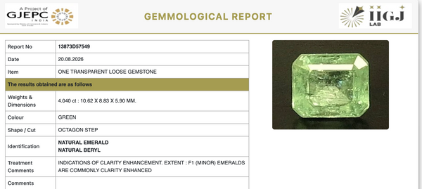 Certificate 13873D57549 for natural Colombian Emerald from Tushar Gems