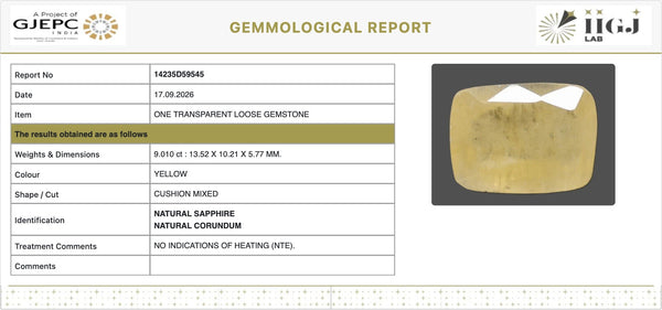 IIGJ Certificate 14235D59545 – Natural Yellow Sapphire