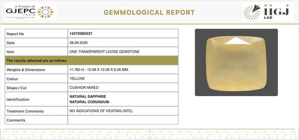 IIGJ Certificate 14372D60337 – Natural Yellow Sapphire
