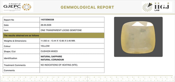 IIGJ Certificate 14372D60338 – Natural Yellow Sapphire