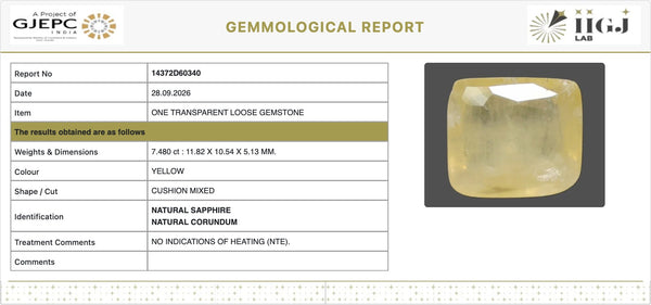 IIGJ Certificate 14372D60340 – Natural Yellow Sapphire