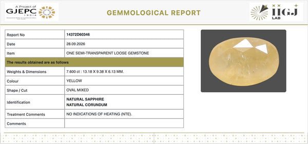 IIGJ Certificate 14372D60346 – Natural Yellow Sapphire