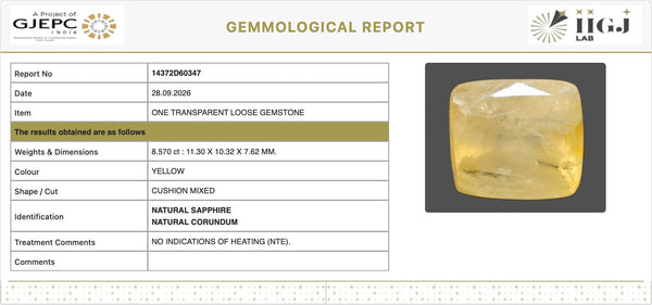 IIGJ Certificate 14372D60347 – Natural Yellow Sapphire
