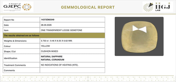 IIGJ Certificate 14372D60349 – Natural Yellow Sapphire