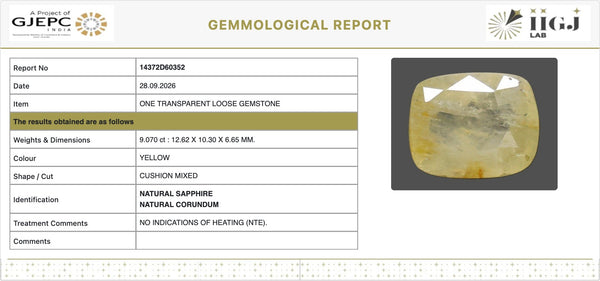 IIGJ Certificate 14372D60352 – Natural Yellow Sapphire