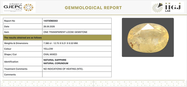 IIGJ Certificate 14372D60353 – Natural Yellow Sapphire