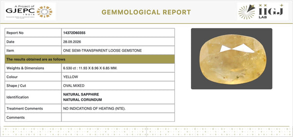IIGJ Certificate 14372D60355 – Natural Yellow Sapphire